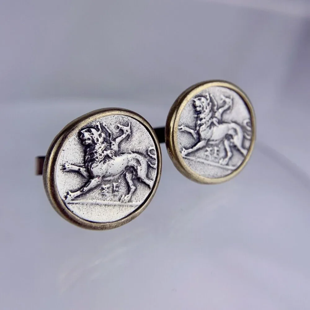Chimera Stater Style Coin Sterling Silver Cufflinks 18k GP Bezel MMA Vintage O1